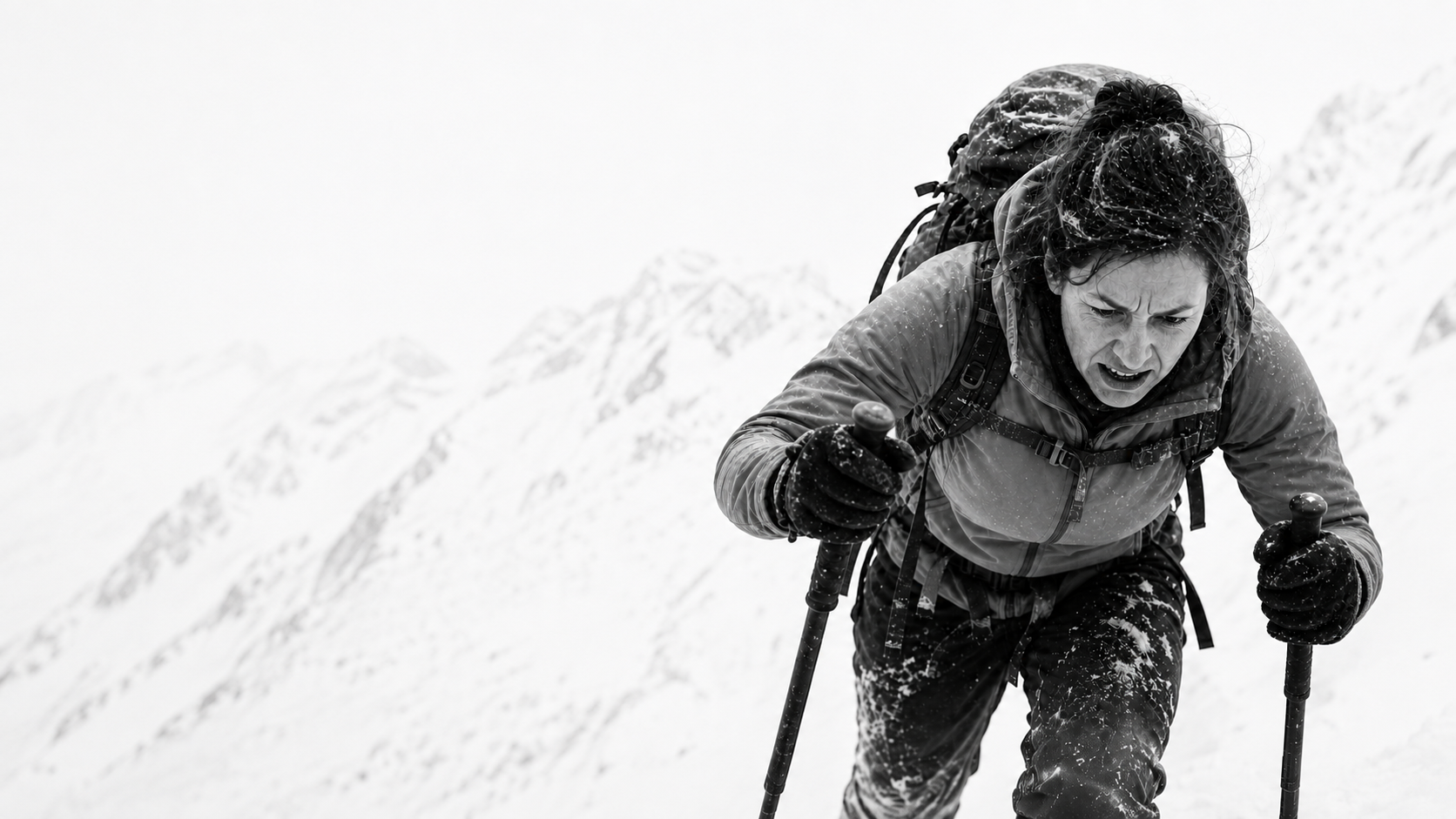 Climber ascending a snow slope with trekking poles in a whiteout