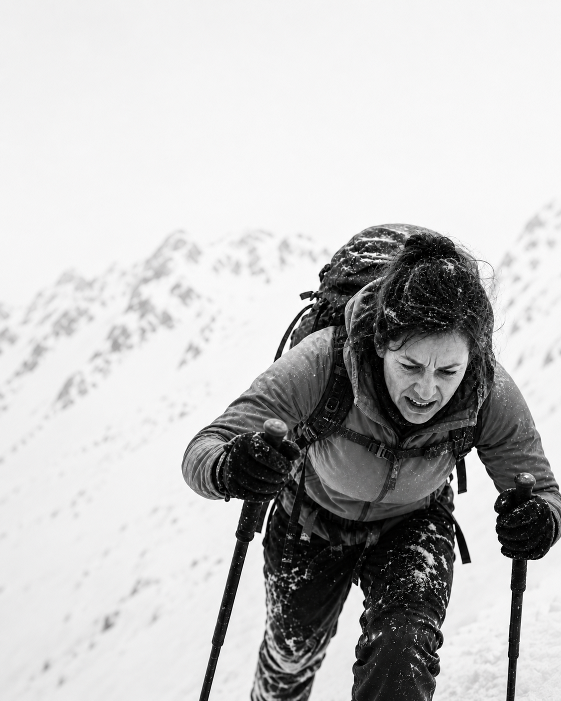 Climber ascending a snow slope with trekking poles in a whiteout